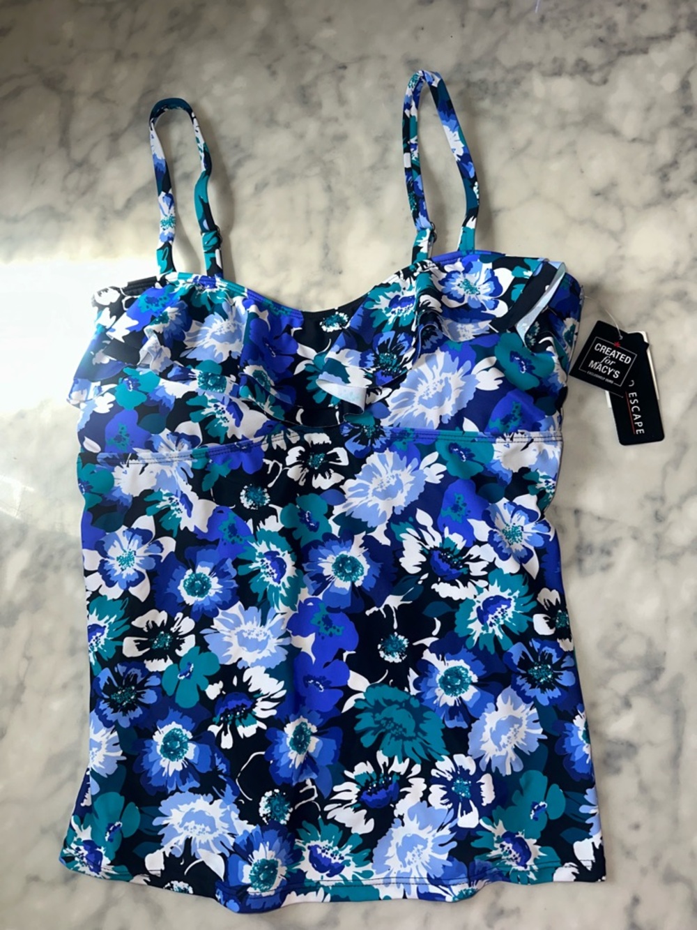 Island Escape Blue & Teal Floral Ruffle Tankini top